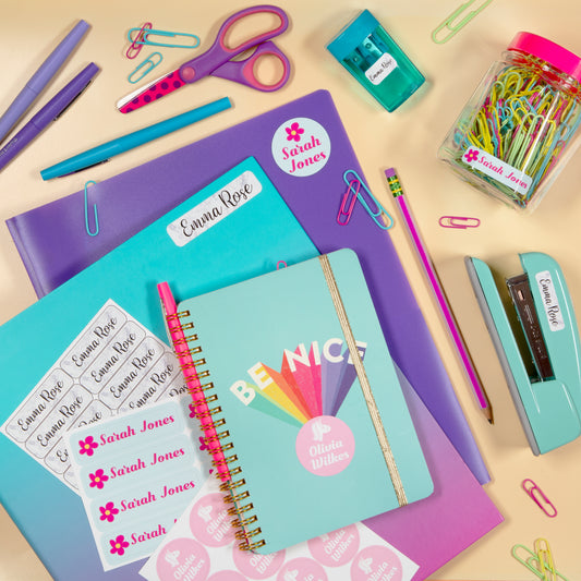 Different name label designs for school supplies.
