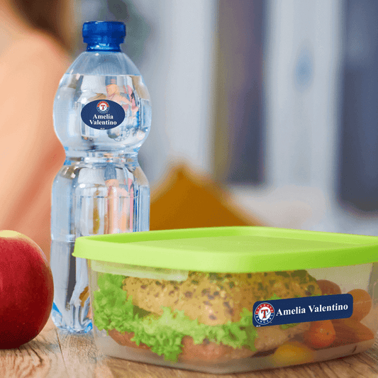 Part of school pack labels on meal box and water bottle.