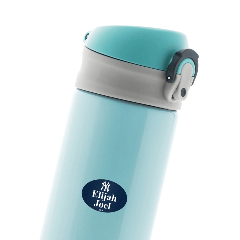 Mini shoe label on a water bottle.