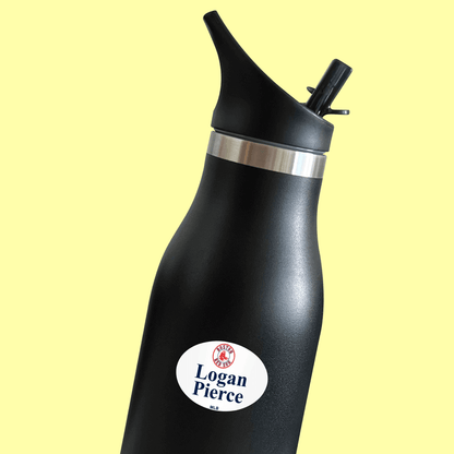 Shoe label on black water bottle.