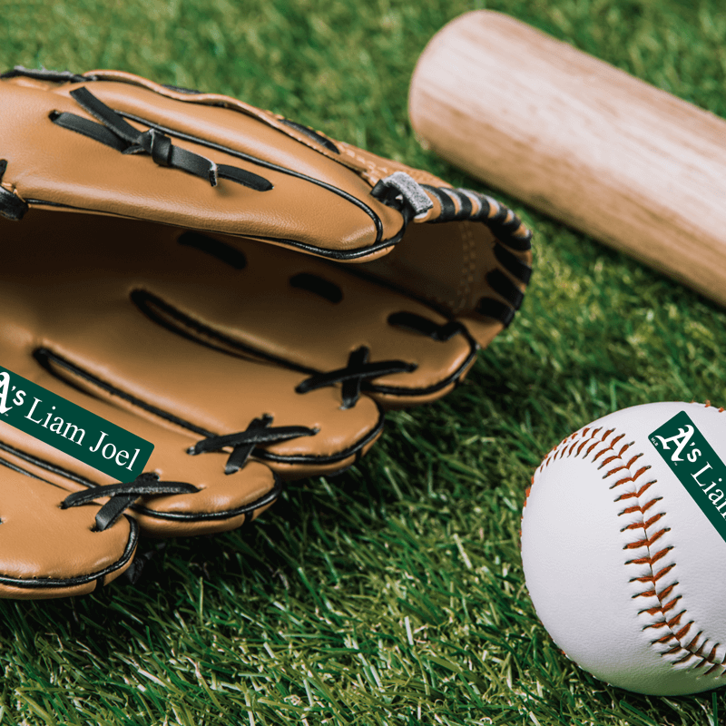 Medium all purpose labels on baseball equipment.