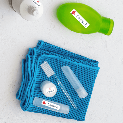 Classic combo labels on toiletries.