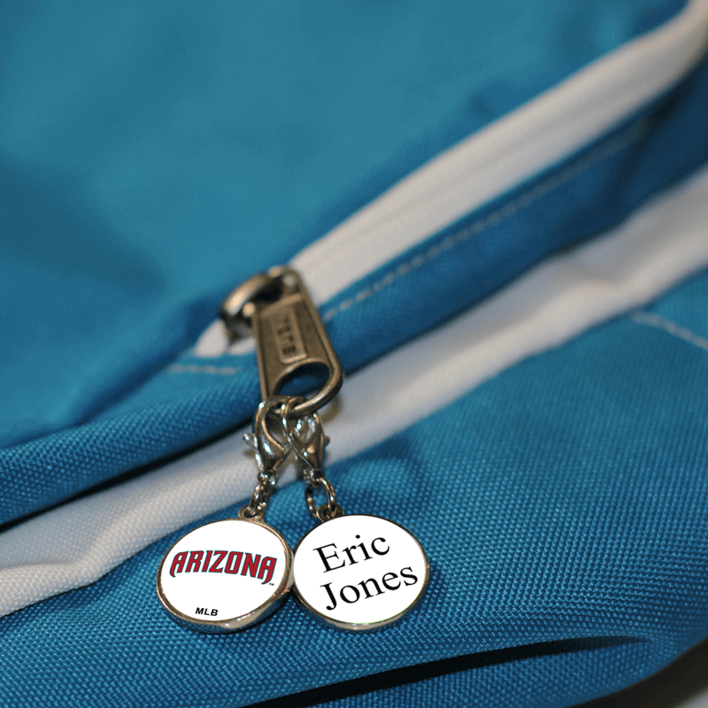 Zipper tags on a bag.