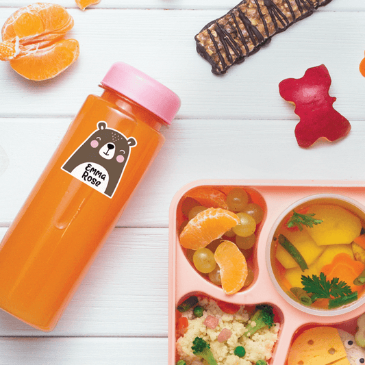 Happy Bear Die Cut Name Labels on Reusable Water Bottle