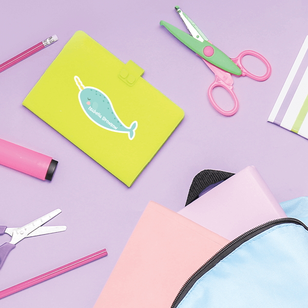Narwhal Die Cut Name Label on School Supplies
