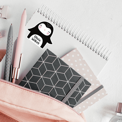 Adorable Penguin Die Cut Name Label on School Notebook