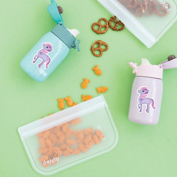 Purple Pony Die Cut Name Labels on Snack Containers