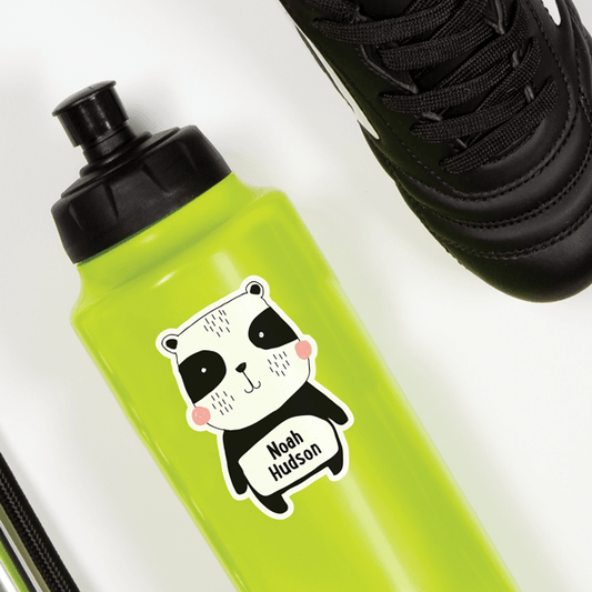 Cheerful Panda Die Cut Name Label on Reusable Water Bottle