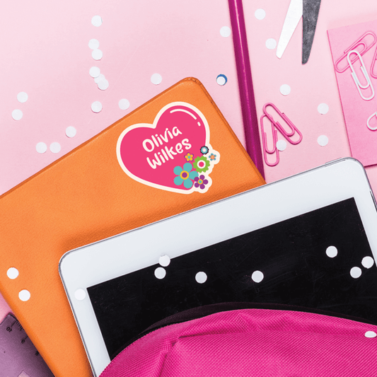 70s Heart Die Cut Name Label on School Notebook