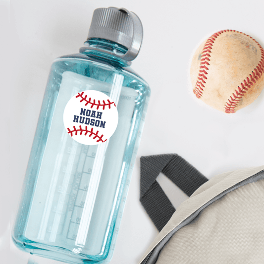 Baseball Die Cut Name Label on Reusable Water Bottle