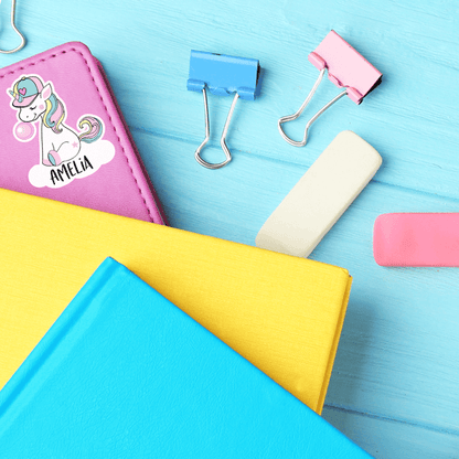 Bubblegum Unicorn Die Cut Name Label on School Supplies