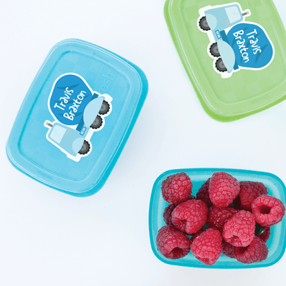 Cement Truck Die Cut Name Labels on Snack Boxes