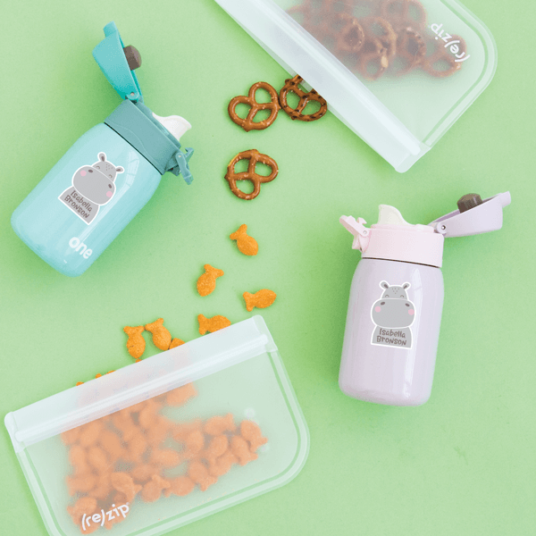 Happy Hippo Die Cut Name Labels on Reusable Water Bottles