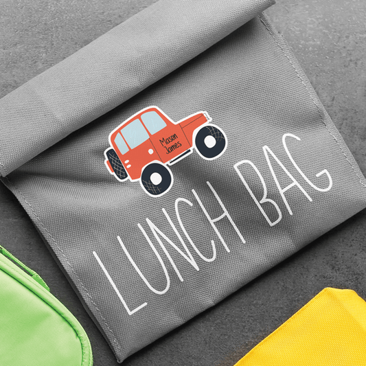 Road Trip Die Cut Name Label on Lunch Bag