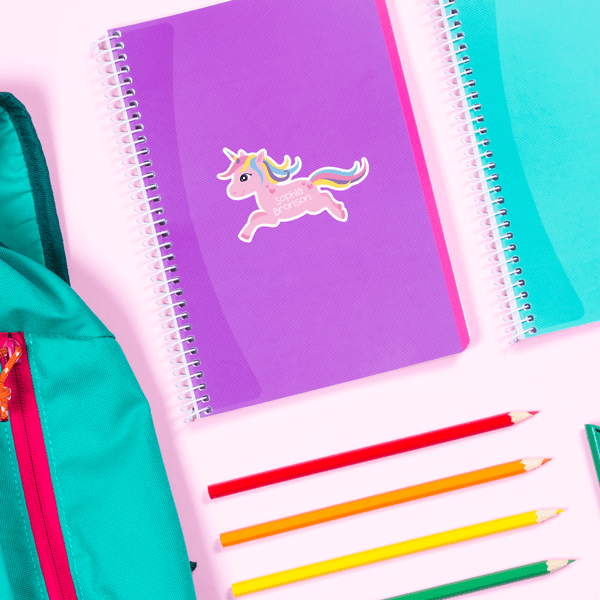 Princess Unicorn Die Cut Label on School Notebook