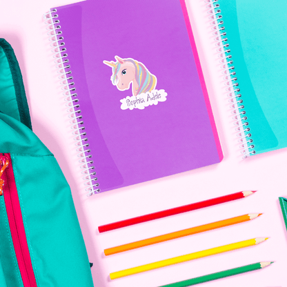 Unicorn Sparkle Die Cut Name Label on School Notebook