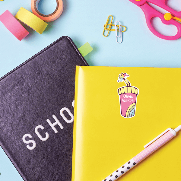 Soda Die Cut Name Label on School Notebook