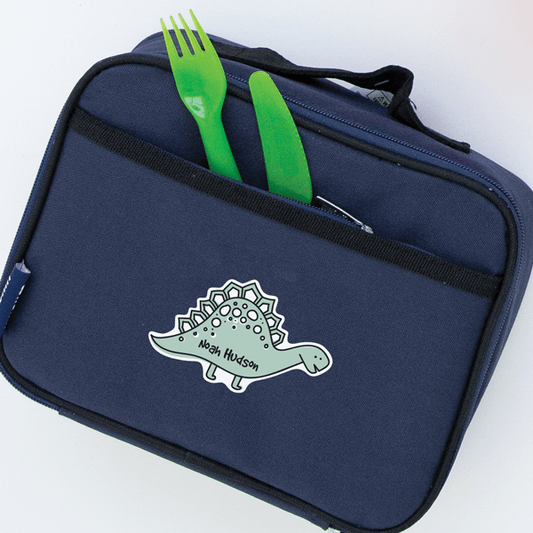 Stegosaurus Die Cut Name Label On Lunch Bag