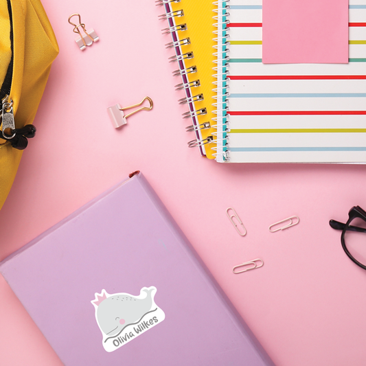Royal Whale Die Cut Name Label on School Notebook