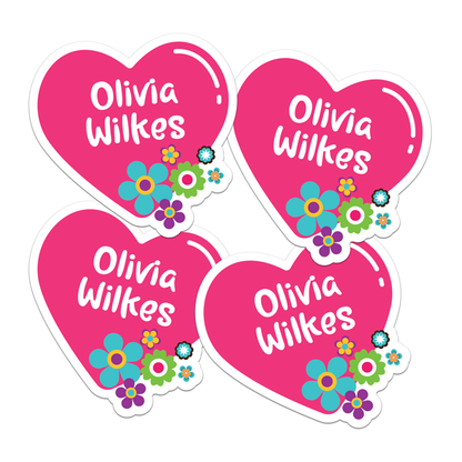 Four 70s Heart Die Cut Name Labels