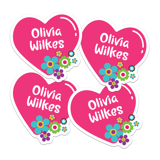 Four 70s Heart Die Cut Name Labels