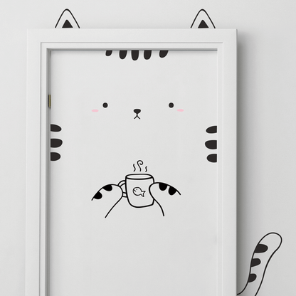 Kitty With Mug Vinyl Door Decal