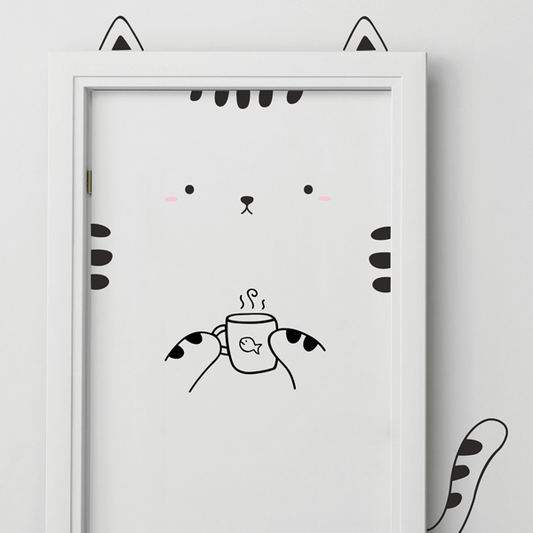 Kitty With Mug Vinyl Door Decal