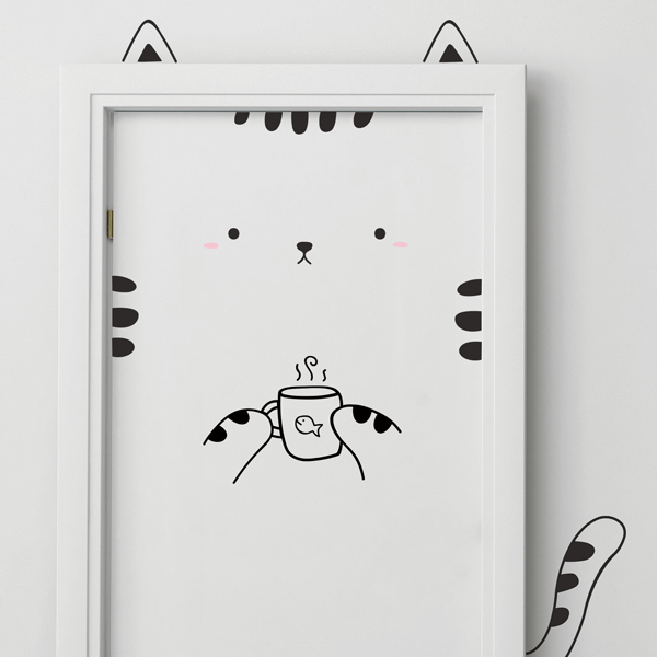 Kitty With Mug Vinyl Door Decal